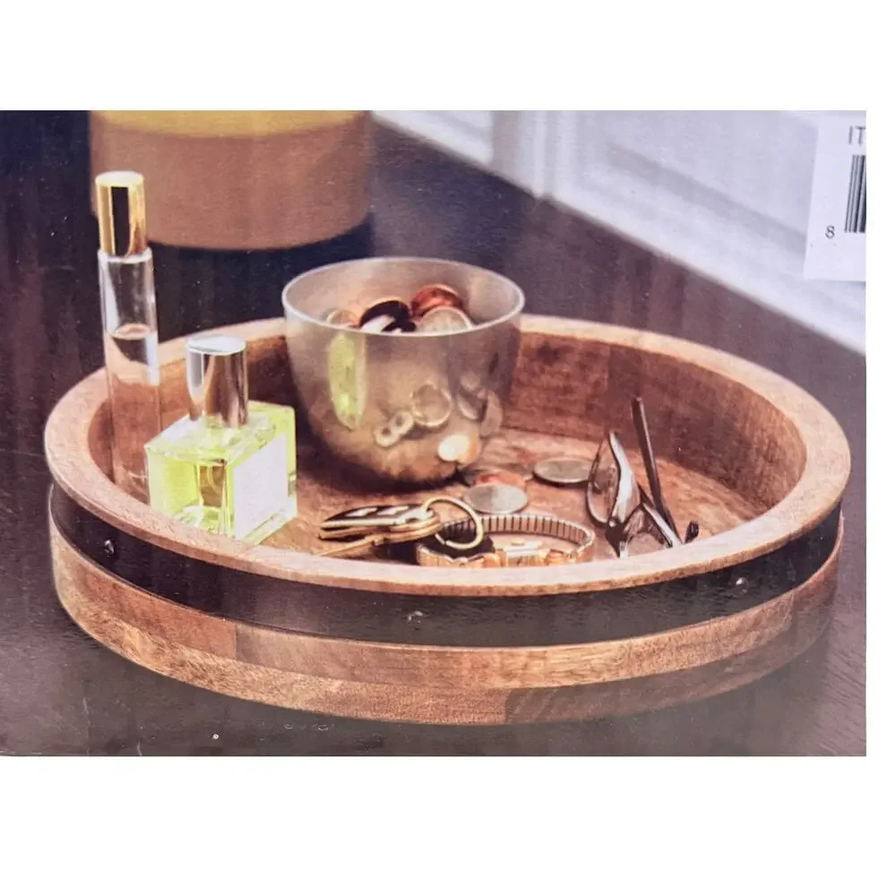 Mikasa 2 Tier Lazy Susan Burnished Iron Band Mango Wood Trays 2in1 Convertible!